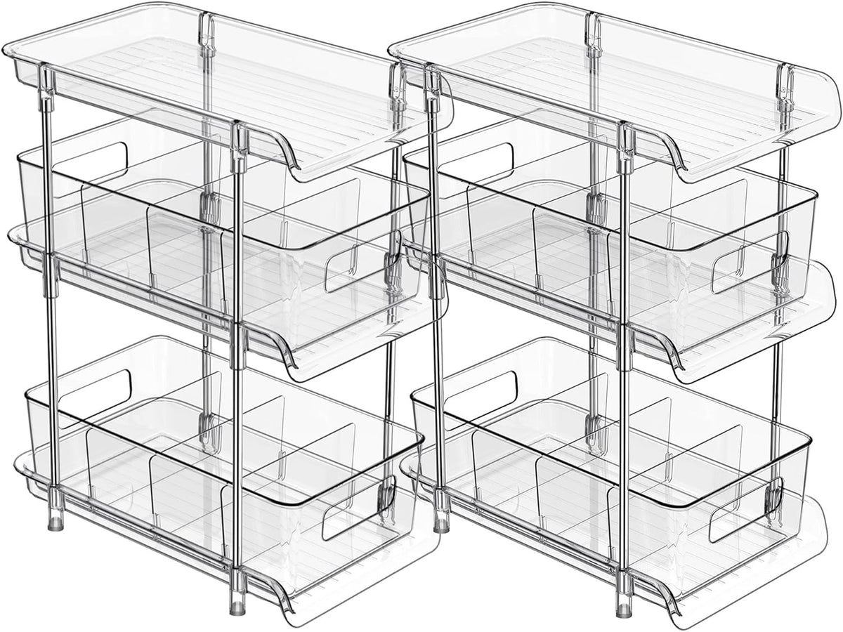 2Set 3 Tier Clear Bathroom Organizer with Dividers, Pull-Out Pantry Organization and Storage, Multi-Purpose Under Sink Organizers and Storage, Vanity Skincare Cosmetic Closet Organizer Medicine Bins