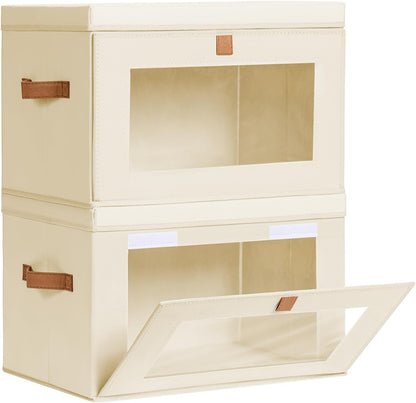 Large Closet Storage Organizer - Clothes Storage Bins with Handles & Window, Collapsible Decorative Boxes with Lids, Fabric Containers for Living Room, Dorm, Beige