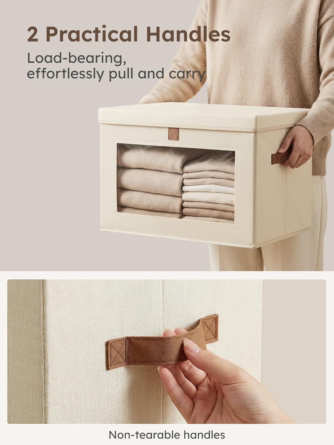 Large Closet Storage Organizer - Clothes Storage Bins with Handles & Window, Collapsible Decorative Boxes with Lids, Fabric Containers for Living Room, Dorm, Beige