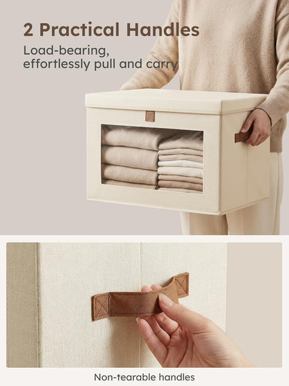 Large Closet Storage Organizer - Clothes Storage Bins with Handles & Window, Collapsible Decorative Boxes with Lids, Fabric Containers for Living Room, Dorm, Beige