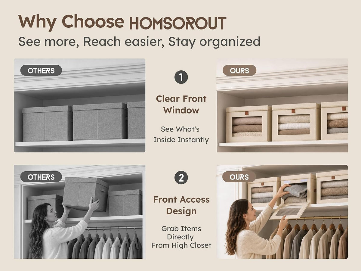 Large Closet Storage Organizer - Clothes Storage Bins with Handles & Window, Collapsible Decorative Boxes with Lids, Fabric Containers for Living Room, Dorm, Beige