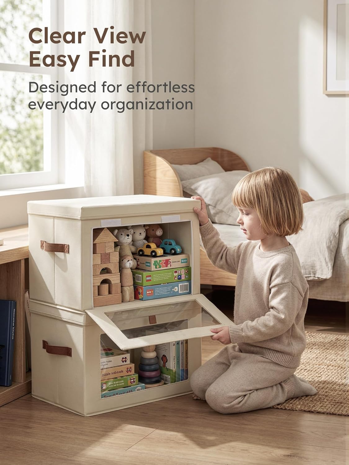 Large Closet Storage Organizer - Clothes Storage Bins with Handles & Window, Collapsible Decorative Boxes with Lids, Fabric Containers for Living Room, Dorm, Beige