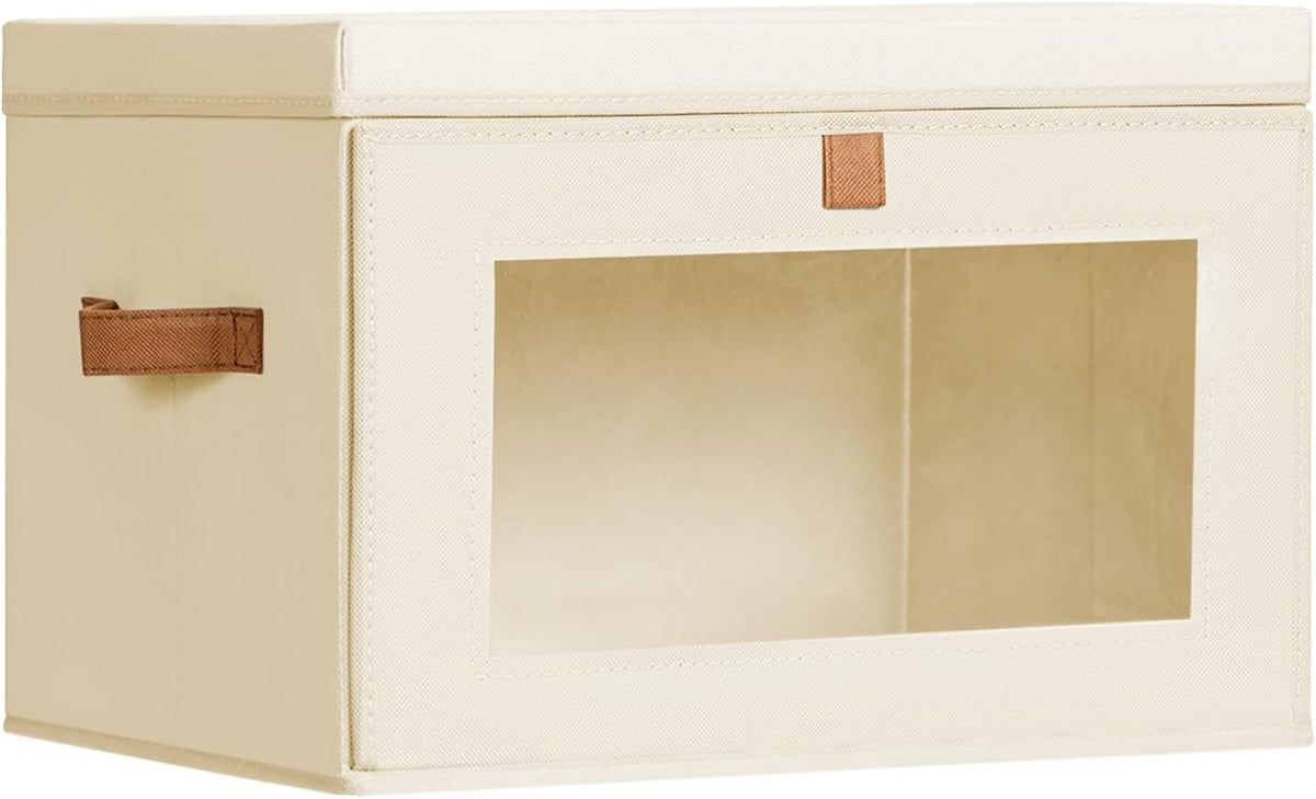Large Closet Storage Organizer - Clothes Storage Bins with Handles & Window, Collapsible Decorative Boxes with Lids, Fabric Containers for Living Room, Dorm, Beige