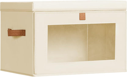 Large Closet Storage Organizer - Clothes Storage Bins with Handles & Window, Collapsible Decorative Boxes with Lids, Fabric Containers for Living Room, Dorm, Beige