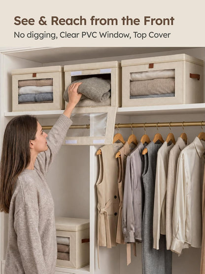 Large Closet Storage Organizer - Clothes Storage Bins with Handles & Window, Collapsible Decorative Boxes with Lids, Fabric Containers for Living Room, Dorm, Beige
