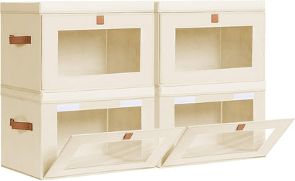 Large Closet Storage Organizer - Clothes Storage Bins with Handles & Window, Collapsible Decorative Boxes with Lids, Fabric Containers for Living Room, Dorm, Beige