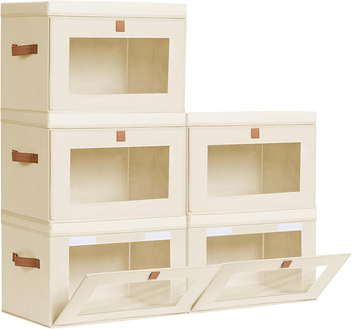 Large Closet Storage Organizer - Clothes Storage Bins with Handles & Window, Collapsible Decorative Boxes with Lids, Fabric Containers for Living Room, Dorm, Beige