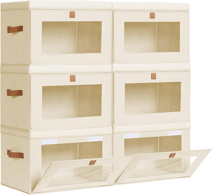 Large Closet Storage Organizer - Clothes Storage Bins with Handles & Window, Collapsible Decorative Boxes with Lids, Fabric Containers for Living Room, Dorm, Beige