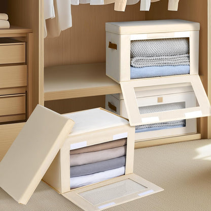 Large Closet Storage Organizer - Clothes Storage Bins with Handles & Window, Collapsible Decorative Boxes with Lids, Fabric Containers for Living Room, Dorm, Beige