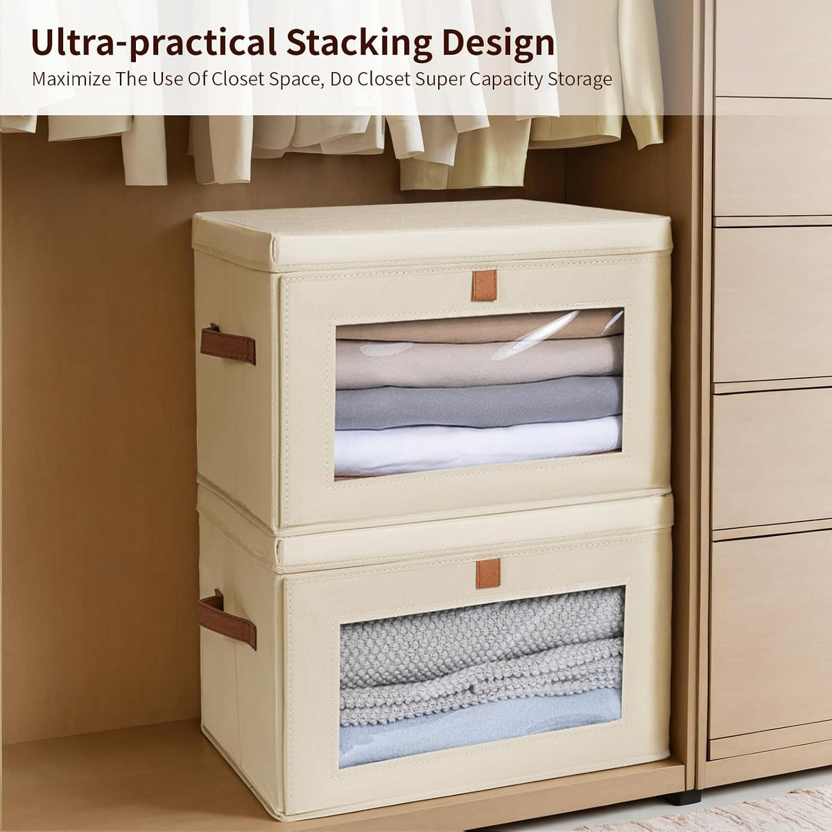 Large Closet Storage Organizer - Clothes Storage Bins with Handles & Window, Collapsible Decorative Boxes with Lids, Fabric Containers for Living Room, Dorm, Beige
