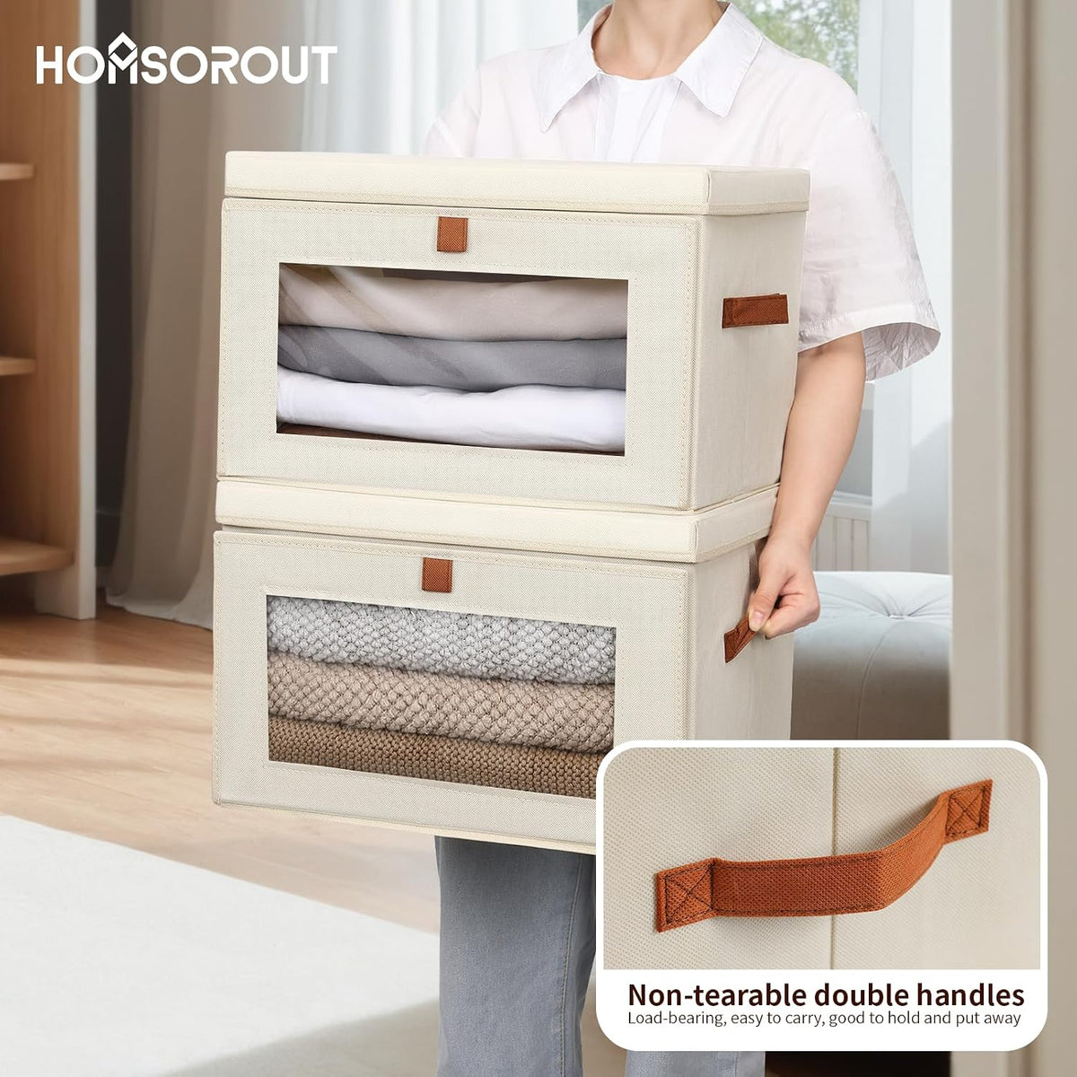 Large Closet Storage Organizer - Clothes Storage Bins with Handles & Window, Collapsible Decorative Boxes with Lids, Fabric Containers for Living Room, Dorm, Beige