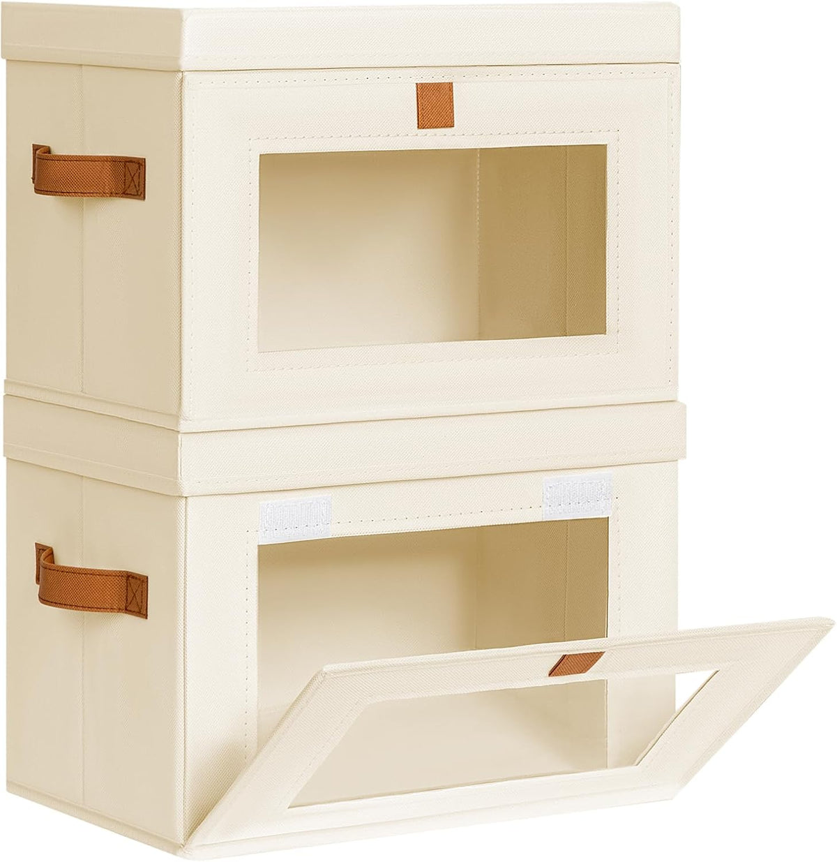 Large Closet Storage Organizer - Clothes Storage Bins with Handles & Window, Collapsible Decorative Boxes with Lids, Fabric Containers for Living Room, Dorm, Beige
