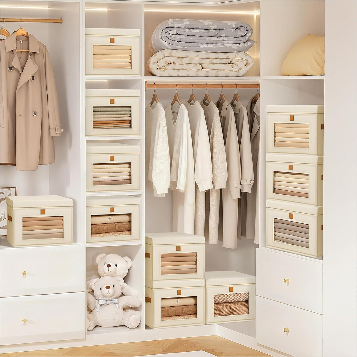 Large Closet Storage Organizer - Clothes Storage Bins with Handles & Window, Collapsible Decorative Boxes with Lids, Fabric Containers for Living Room, Dorm, Beige