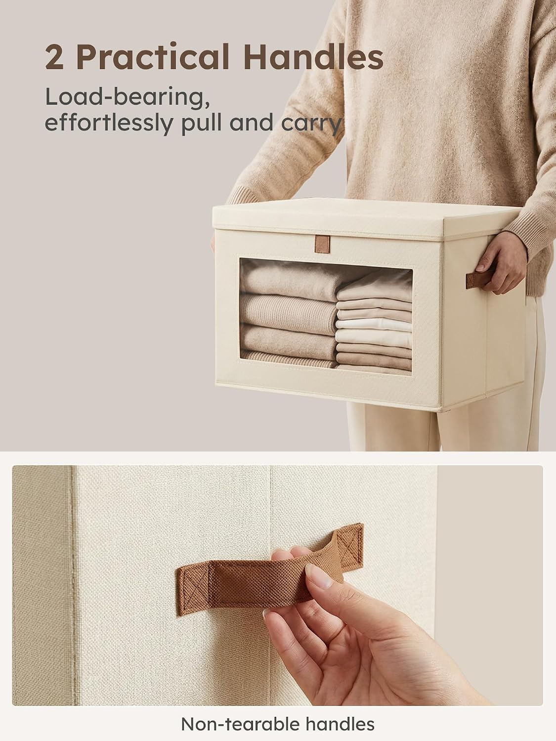 Large Closet Storage Organizer - Clothes Storage Bins with Handles & Window, Collapsible Decorative Boxes with Lids, Fabric Containers for Living Room, Dorm, Beige