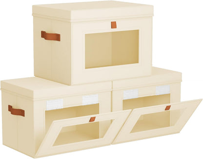 Large Closet Storage Organizer - Clothes Storage Bins with Handles & Window, Collapsible Decorative Boxes with Lids, Fabric Containers for Living Room, Dorm, Beige