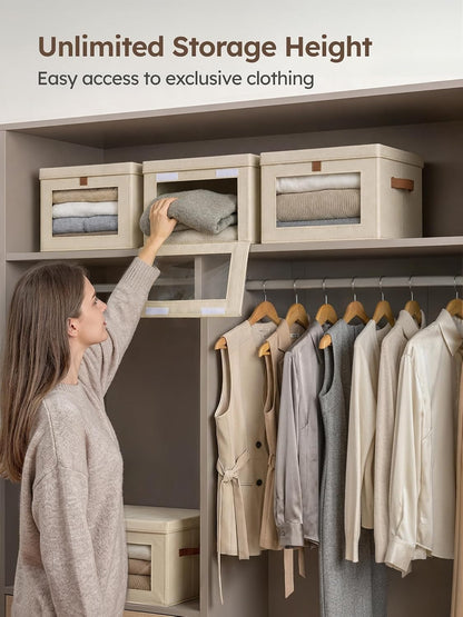 Large Closet Storage Organizer - Clothes Storage Bins with Handles & Window, Collapsible Decorative Boxes with Lids, Fabric Containers for Living Room, Dorm, Beige