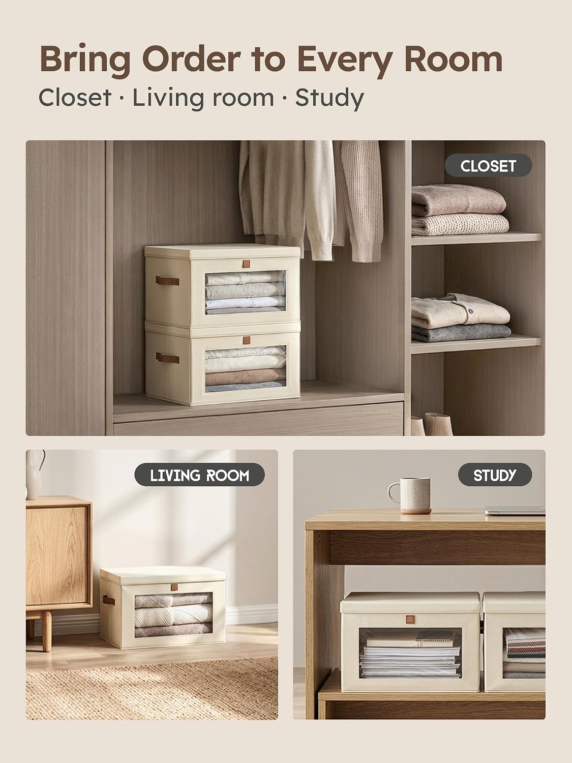 Large Closet Storage Organizer - Clothes Storage Bins with Handles & Window, Collapsible Decorative Boxes with Lids, Fabric Containers for Living Room, Dorm, Beige