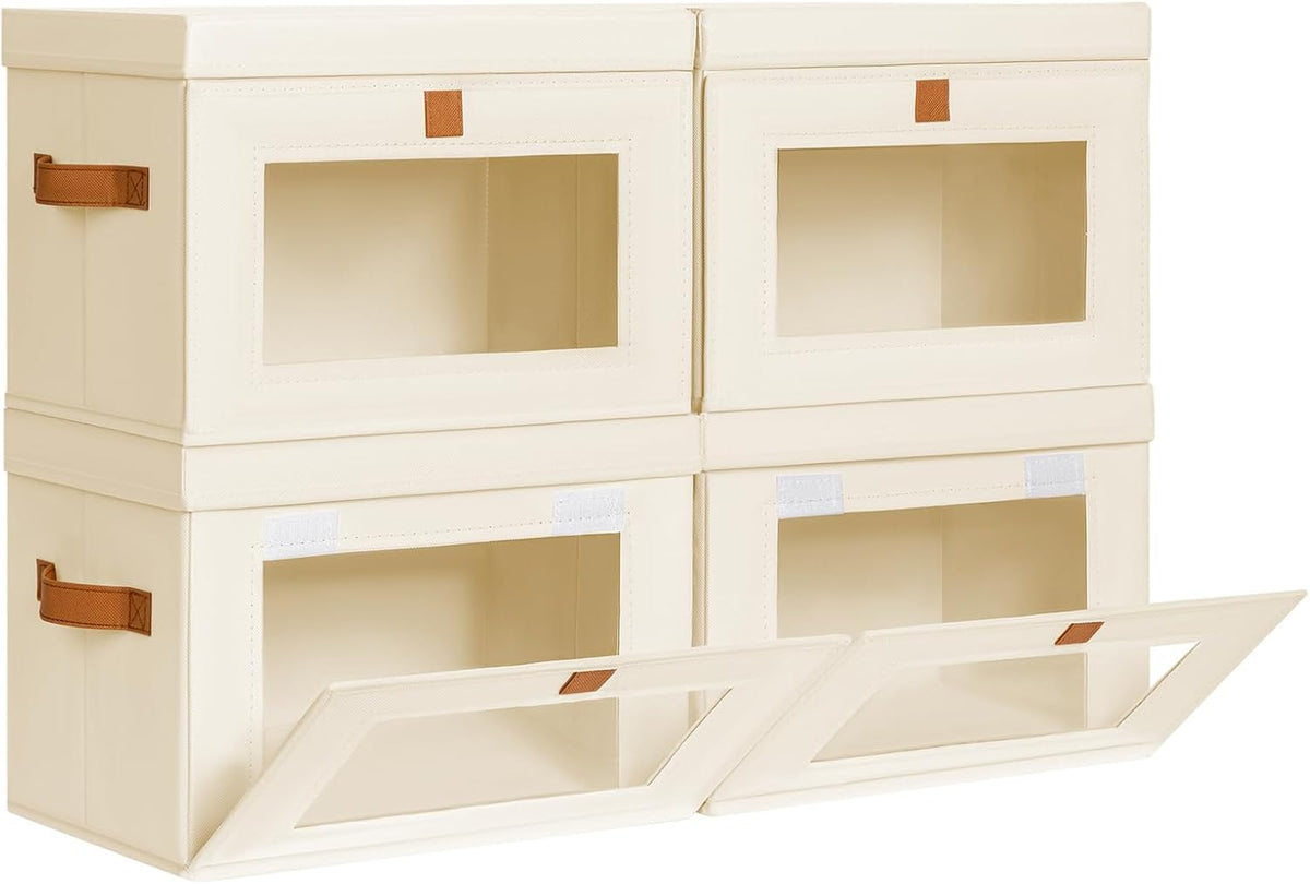 Large Closet Storage Organizer - Clothes Storage Bins with Handles & Window, Collapsible Decorative Boxes with Lids, Fabric Containers for Living Room, Dorm, Beige