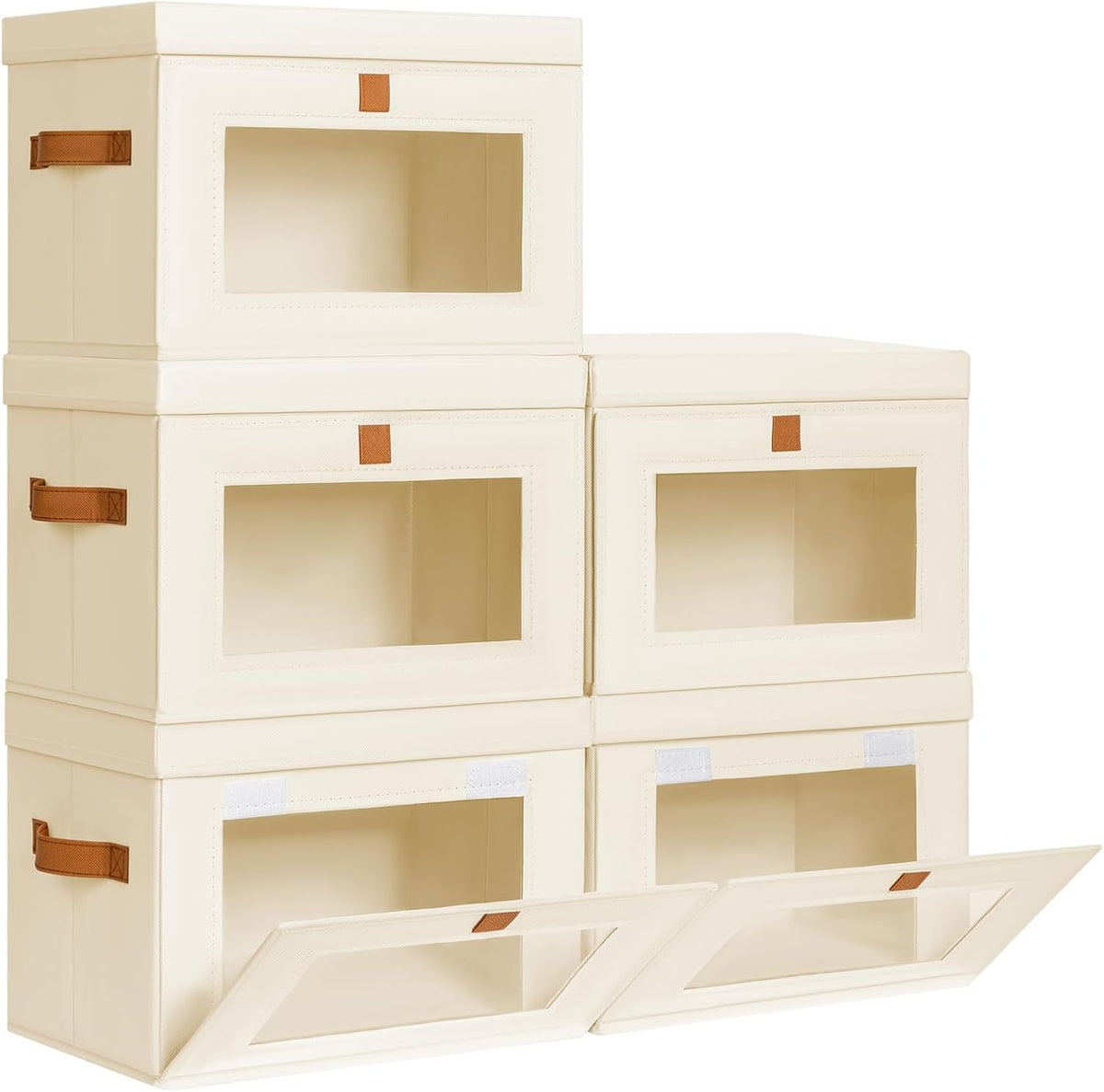 Large Closet Storage Organizer - Clothes Storage Bins with Handles & Window, Collapsible Decorative Boxes with Lids, Fabric Containers for Living Room, Dorm, Beige