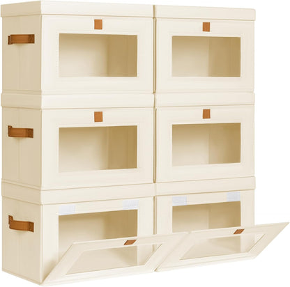 Large Closet Storage Organizer - Clothes Storage Bins with Handles & Window, Collapsible Decorative Boxes with Lids, Fabric Containers for Living Room, Dorm, Beige