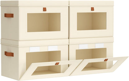 Large Closet Storage Organizer - Clothes Storage Bins with Handles & Window, Collapsible Decorative Boxes with Lids, Fabric Containers for Living Room, Dorm, Beige