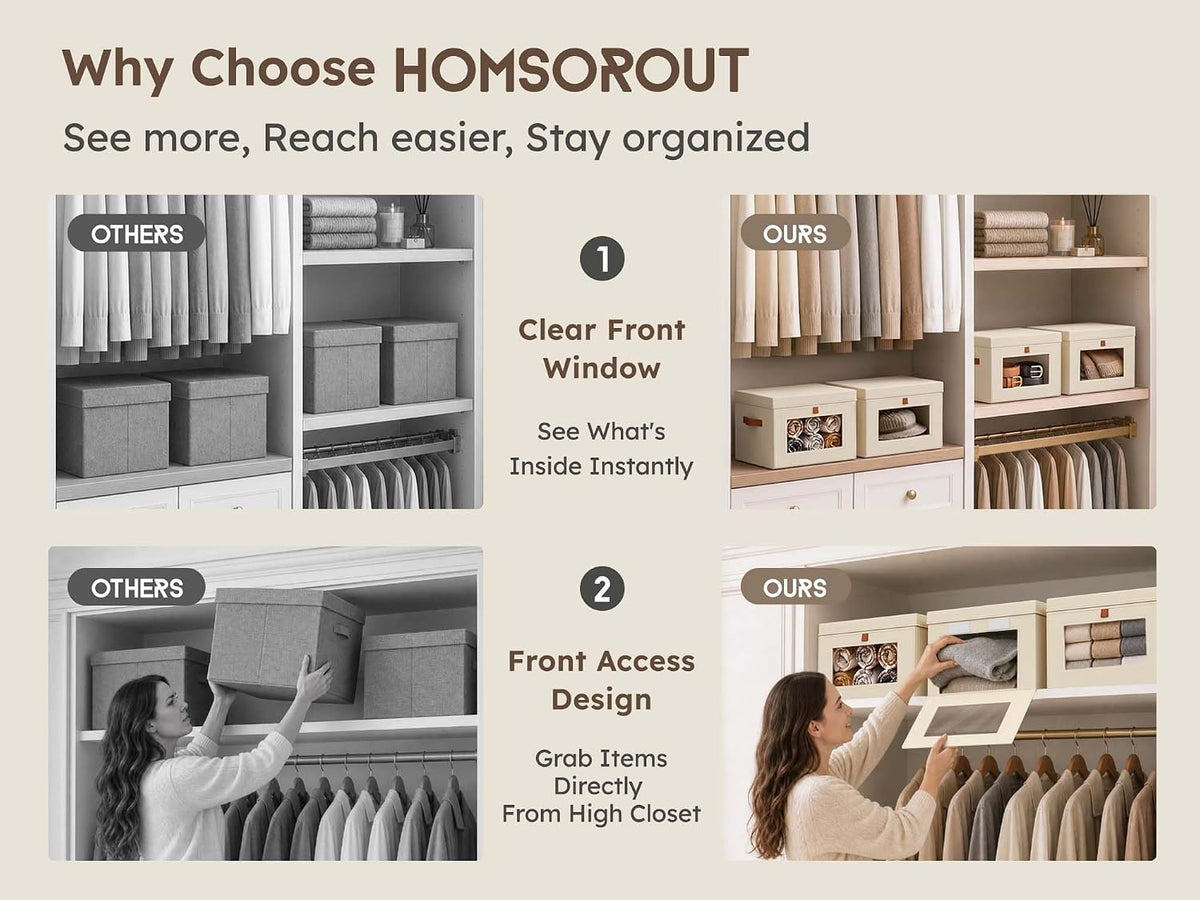 Large Closet Storage Organizer - Clothes Storage Bins with Handles & Window, Collapsible Decorative Boxes with Lids, Fabric Containers for Living Room, Dorm, Beige
