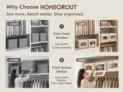 Large Closet Storage Organizer - Clothes Storage Bins with Handles & Window, Collapsible Decorative Boxes with Lids, Fabric Containers for Living Room, Dorm, Beige