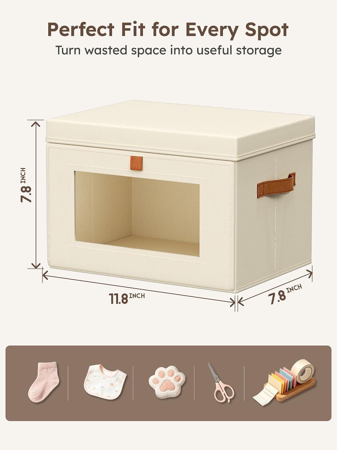 Large Closet Storage Organizer - Clothes Storage Bins with Handles & Window, Collapsible Decorative Boxes with Lids, Fabric Containers for Living Room, Dorm, Beige