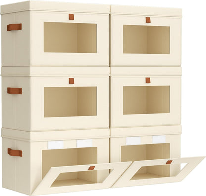 Large Closet Storage Organizer - Clothes Storage Bins with Handles & Window, Collapsible Decorative Boxes with Lids, Fabric Containers for Living Room, Dorm, Beige