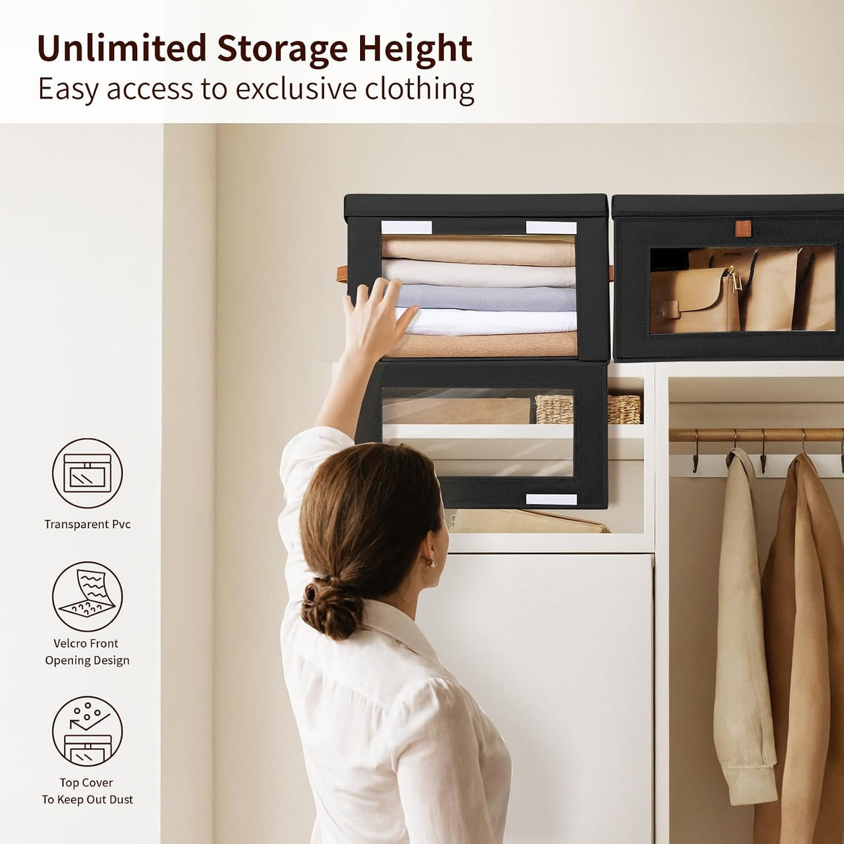 Large Closet Storage Organizer - Clothes Storage Bins with Handles & Window, Collapsible Decorative Boxes with Lids, Fabric Containers for Living Room, Dorm, Beige