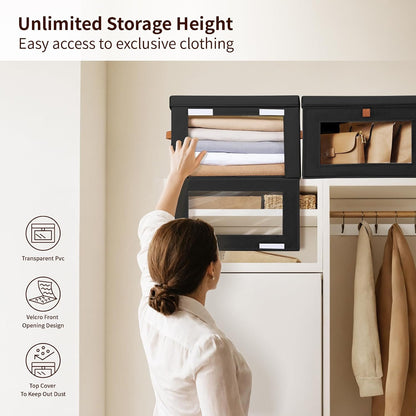 Large Closet Storage Organizer - Clothes Storage Bins with Handles & Window, Collapsible Decorative Boxes with Lids, Fabric Containers for Living Room, Dorm, Beige