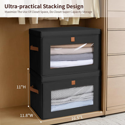 Large Closet Storage Organizer - Clothes Storage Bins with Handles & Window, Collapsible Decorative Boxes with Lids, Fabric Containers for Living Room, Dorm, Beige