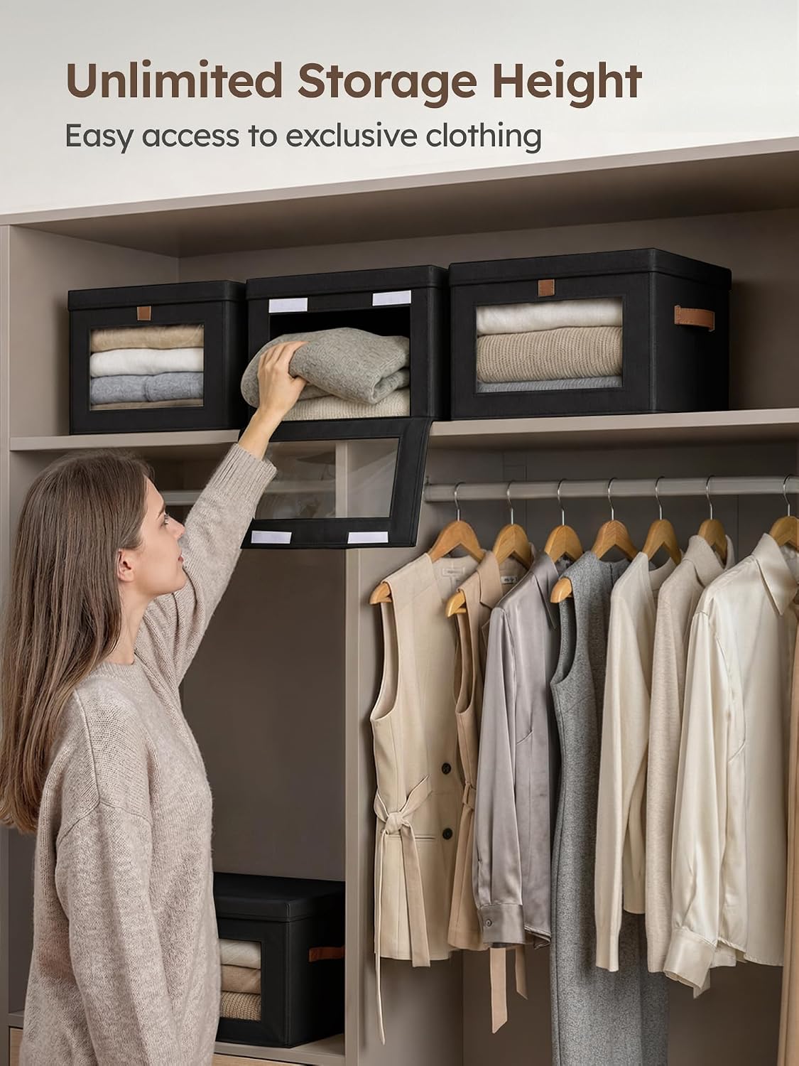 Large Closet Storage Organizer - Clothes Storage Bins with Handles & Window, Collapsible Decorative Boxes with Lids, Fabric Containers for Living Room, Dorm, Beige
