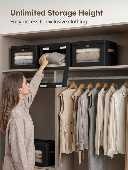 Large Closet Storage Organizer - Clothes Storage Bins with Handles & Window, Collapsible Decorative Boxes with Lids, Fabric Containers for Living Room, Dorm, Beige