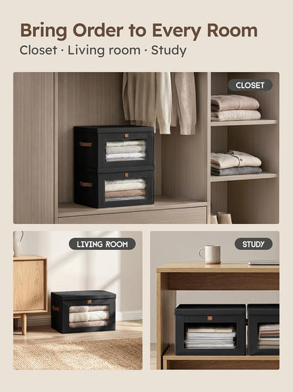 Large Closet Storage Organizer - Clothes Storage Bins with Handles & Window, Collapsible Decorative Boxes with Lids, Fabric Containers for Living Room, Dorm, Beige