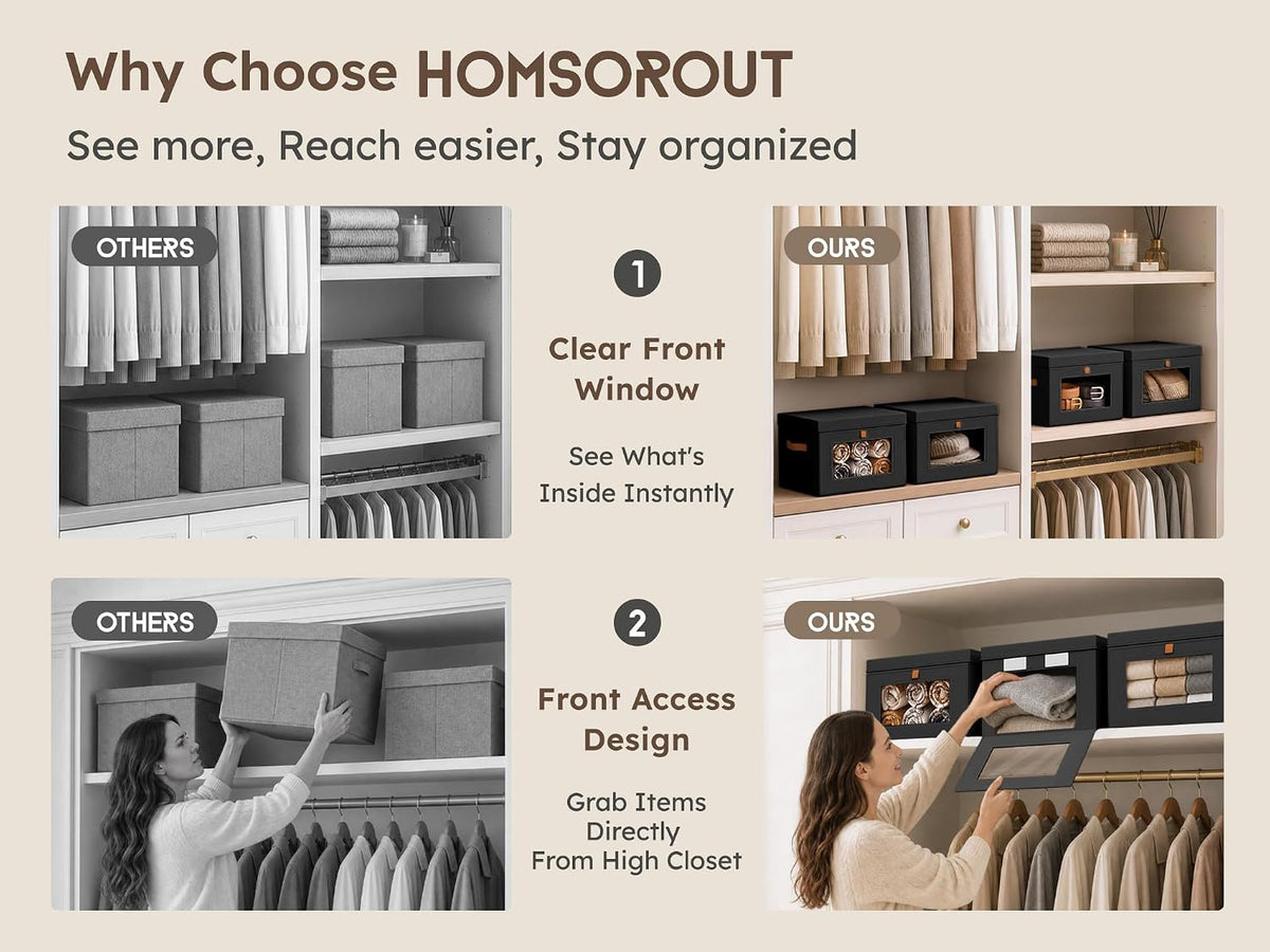 Large Closet Storage Organizer - Clothes Storage Bins with Handles & Window, Collapsible Decorative Boxes with Lids, Fabric Containers for Living Room, Dorm, Beige