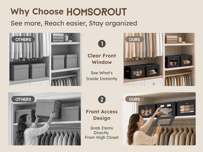 Large Closet Storage Organizer - Clothes Storage Bins with Handles & Window, Collapsible Decorative Boxes with Lids, Fabric Containers for Living Room, Dorm, Beige