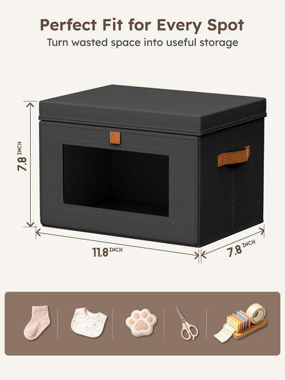 Large Closet Storage Organizer - Clothes Storage Bins with Handles & Window, Collapsible Decorative Boxes with Lids, Fabric Containers for Living Room, Dorm, Beige