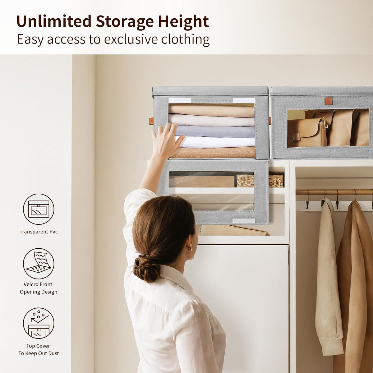 Large Closet Storage Organizer - Clothes Storage Bins with Handles & Window, Collapsible Decorative Boxes with Lids, Fabric Containers for Living Room, Dorm, Beige