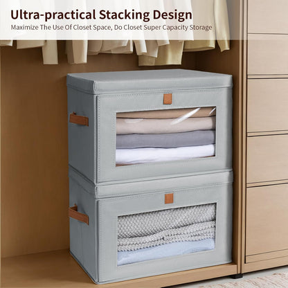 Large Closet Storage Organizer - Clothes Storage Bins with Handles & Window, Collapsible Decorative Boxes with Lids, Fabric Containers for Living Room, Dorm, Beige
