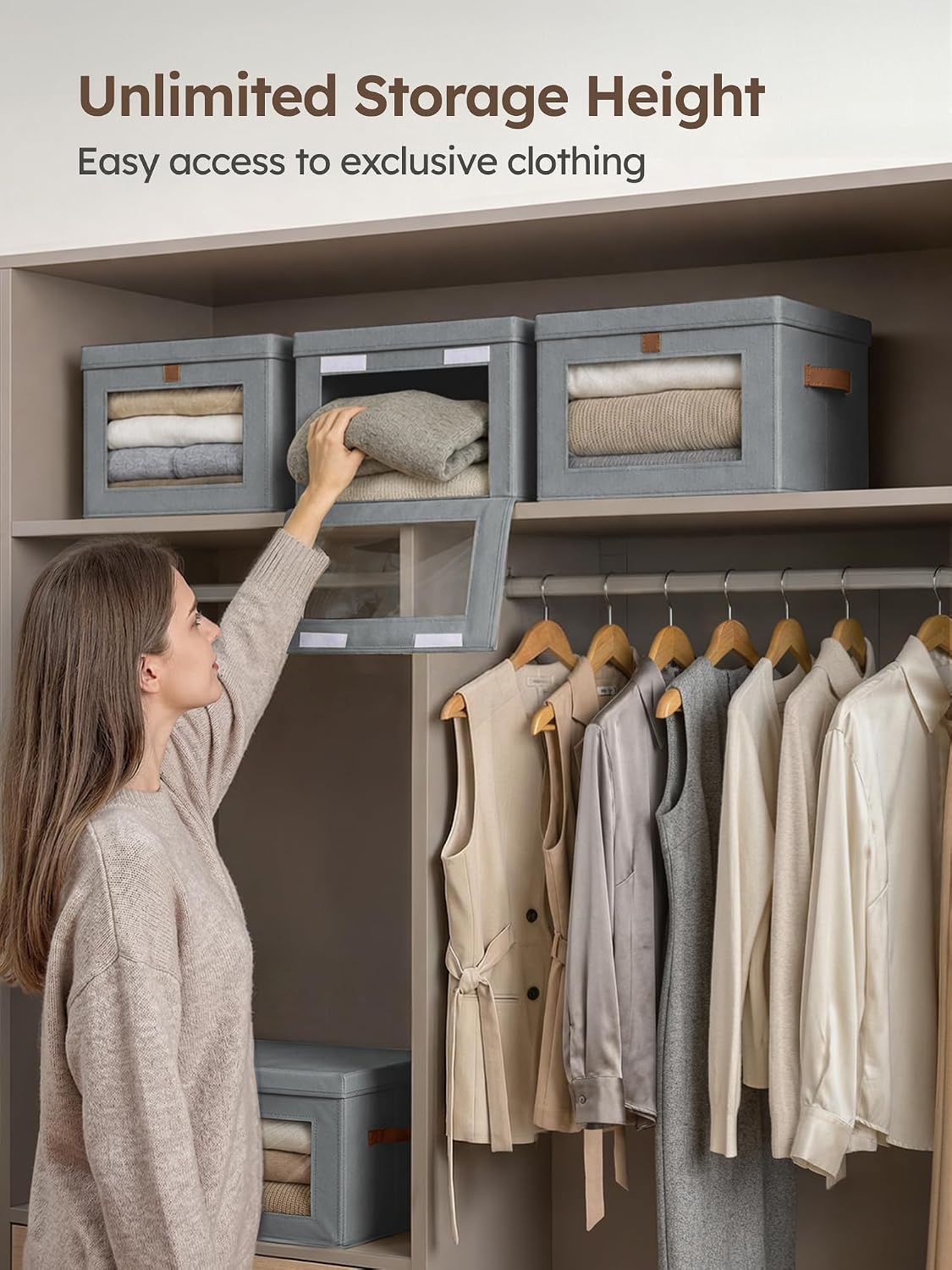 Large Closet Storage Organizer - Clothes Storage Bins with Handles & Window, Collapsible Decorative Boxes with Lids, Fabric Containers for Living Room, Dorm, Beige