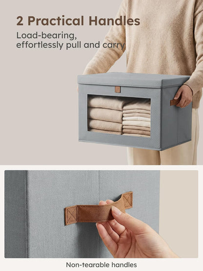Large Closet Storage Organizer - Clothes Storage Bins with Handles & Window, Collapsible Decorative Boxes with Lids, Fabric Containers for Living Room, Dorm, Beige