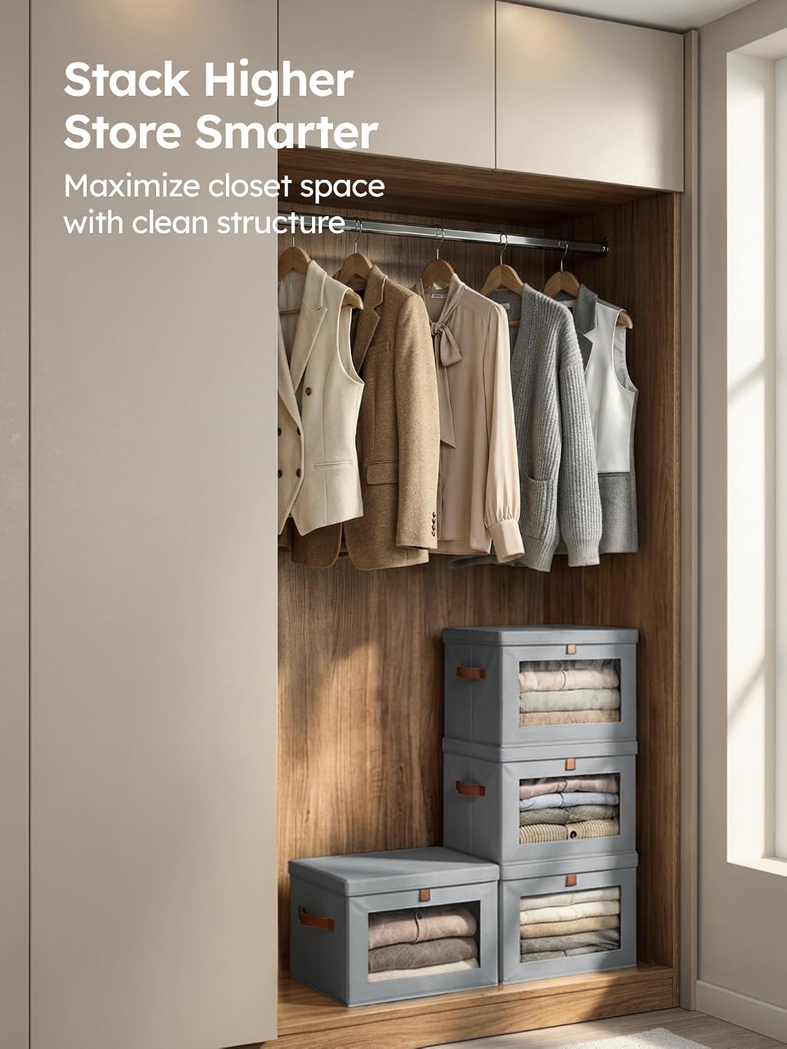 Large Closet Storage Organizer - Clothes Storage Bins with Handles & Window, Collapsible Decorative Boxes with Lids, Fabric Containers for Living Room, Dorm, Beige