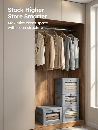 Large Closet Storage Organizer - Clothes Storage Bins with Handles & Window, Collapsible Decorative Boxes with Lids, Fabric Containers for Living Room, Dorm, Beige