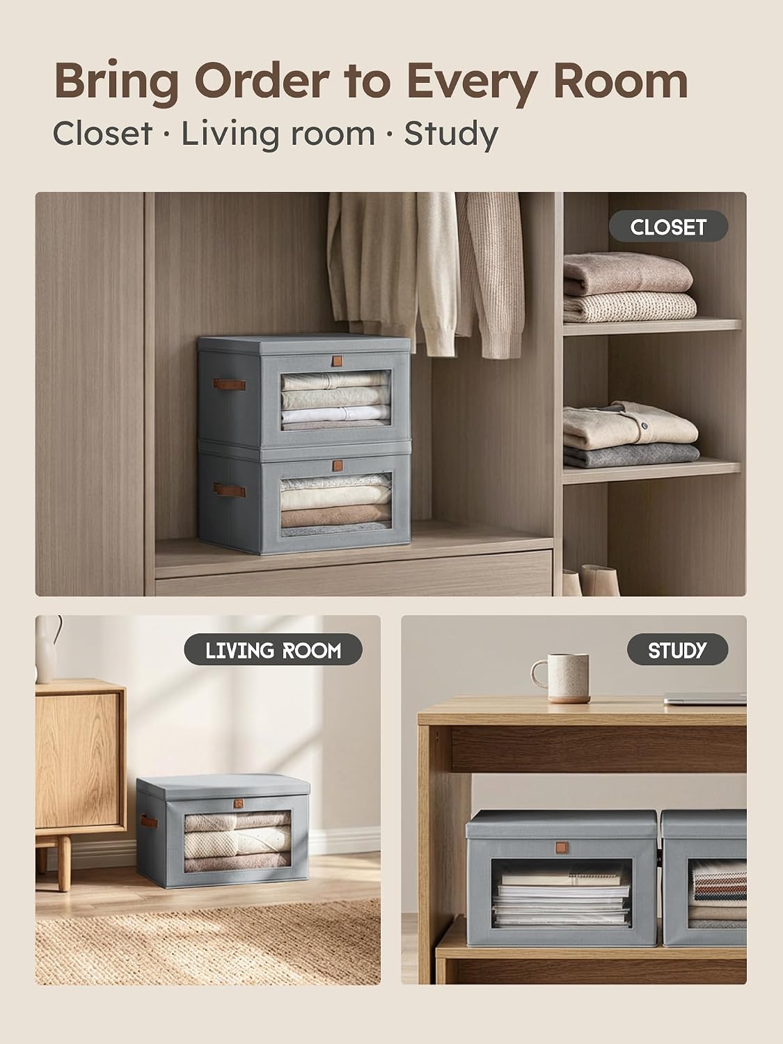 Large Closet Storage Organizer - Clothes Storage Bins with Handles & Window, Collapsible Decorative Boxes with Lids, Fabric Containers for Living Room, Dorm, Beige