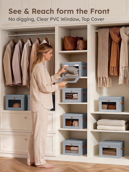Large Closet Storage Organizer - Clothes Storage Bins with Handles & Window, Collapsible Decorative Boxes with Lids, Fabric Containers for Living Room, Dorm, Beige