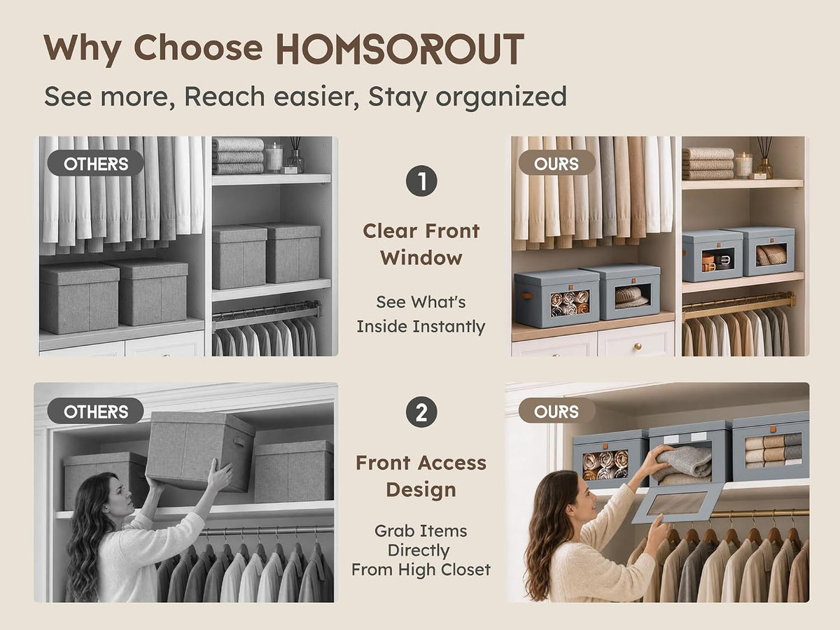 Large Closet Storage Organizer - Clothes Storage Bins with Handles & Window, Collapsible Decorative Boxes with Lids, Fabric Containers for Living Room, Dorm, Beige