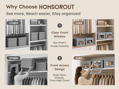 Large Closet Storage Organizer - Clothes Storage Bins with Handles & Window, Collapsible Decorative Boxes with Lids, Fabric Containers for Living Room, Dorm, Beige