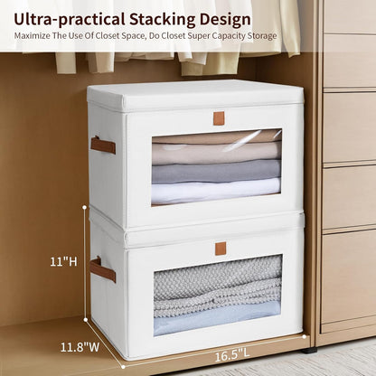 Large Closet Storage Organizer - Clothes Storage Bins with Handles & Window, Collapsible Decorative Boxes with Lids, Fabric Containers for Living Room, Dorm, Beige