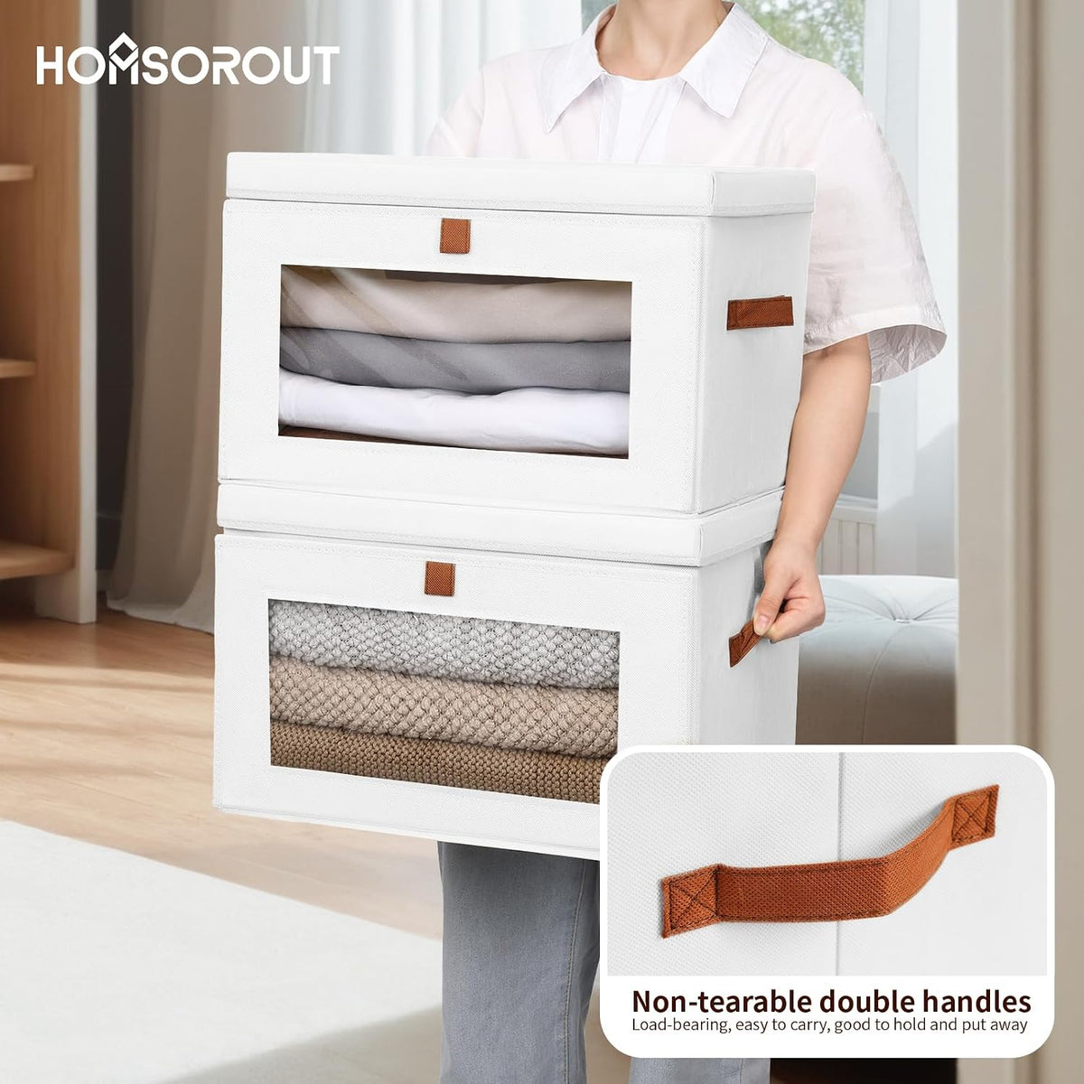 Large Closet Storage Organizer - Clothes Storage Bins with Handles & Window, Collapsible Decorative Boxes with Lids, Fabric Containers for Living Room, Dorm, Beige